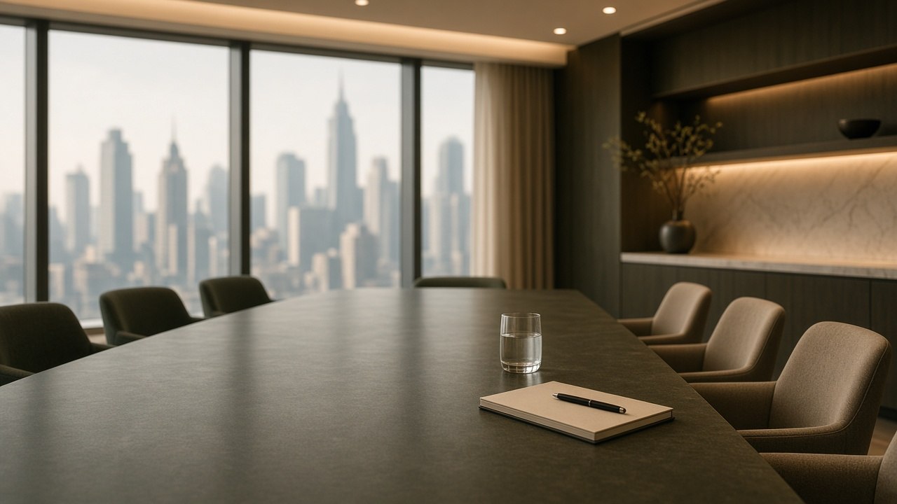 Executive briefing room prepared for a decision-maker research interview