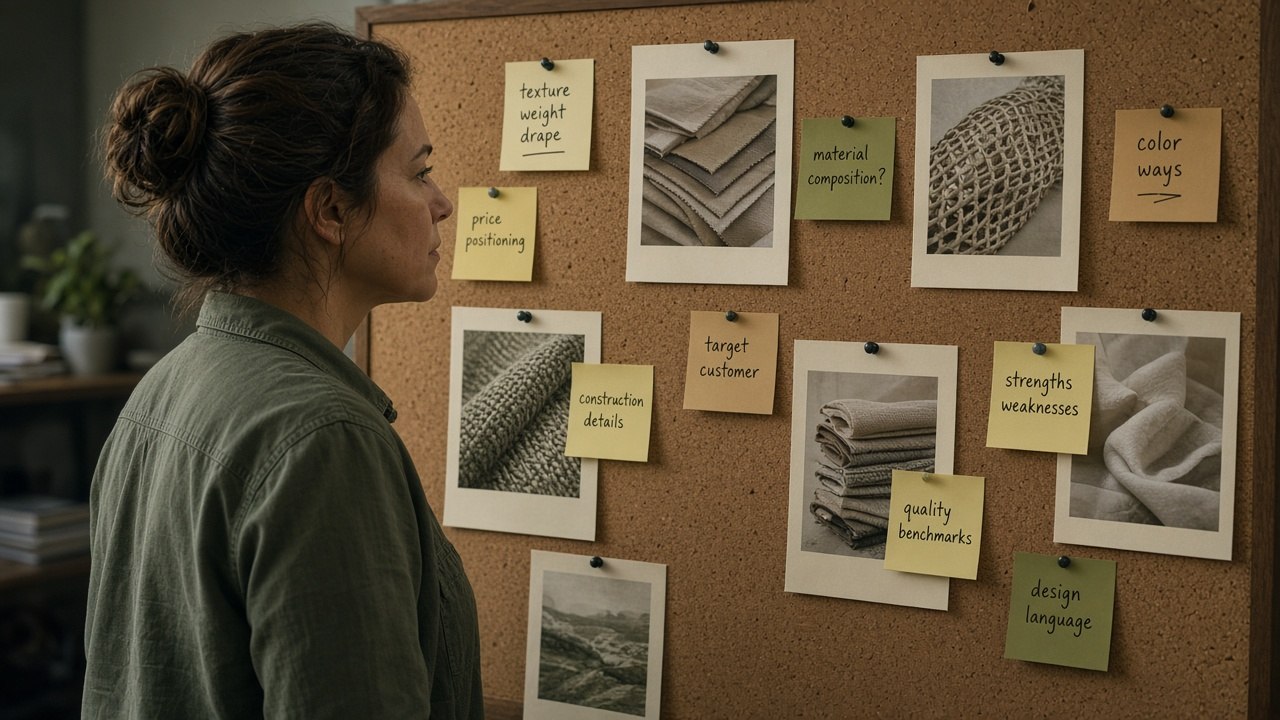Analyst observing competitor materials and market signals on a research wall