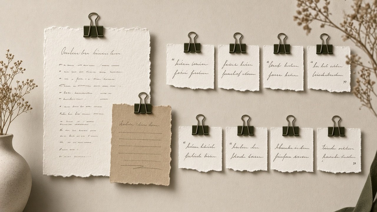 Editorial positioning board with buyer quotes and claim drafts